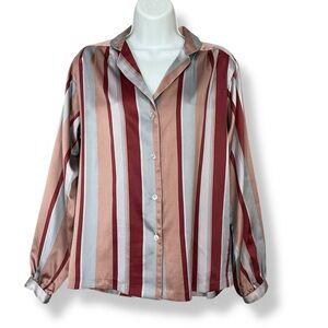 Vintage Striped Blouse Satin 1970s Amanda‎ Long Sleeve Button-Up Retro Office